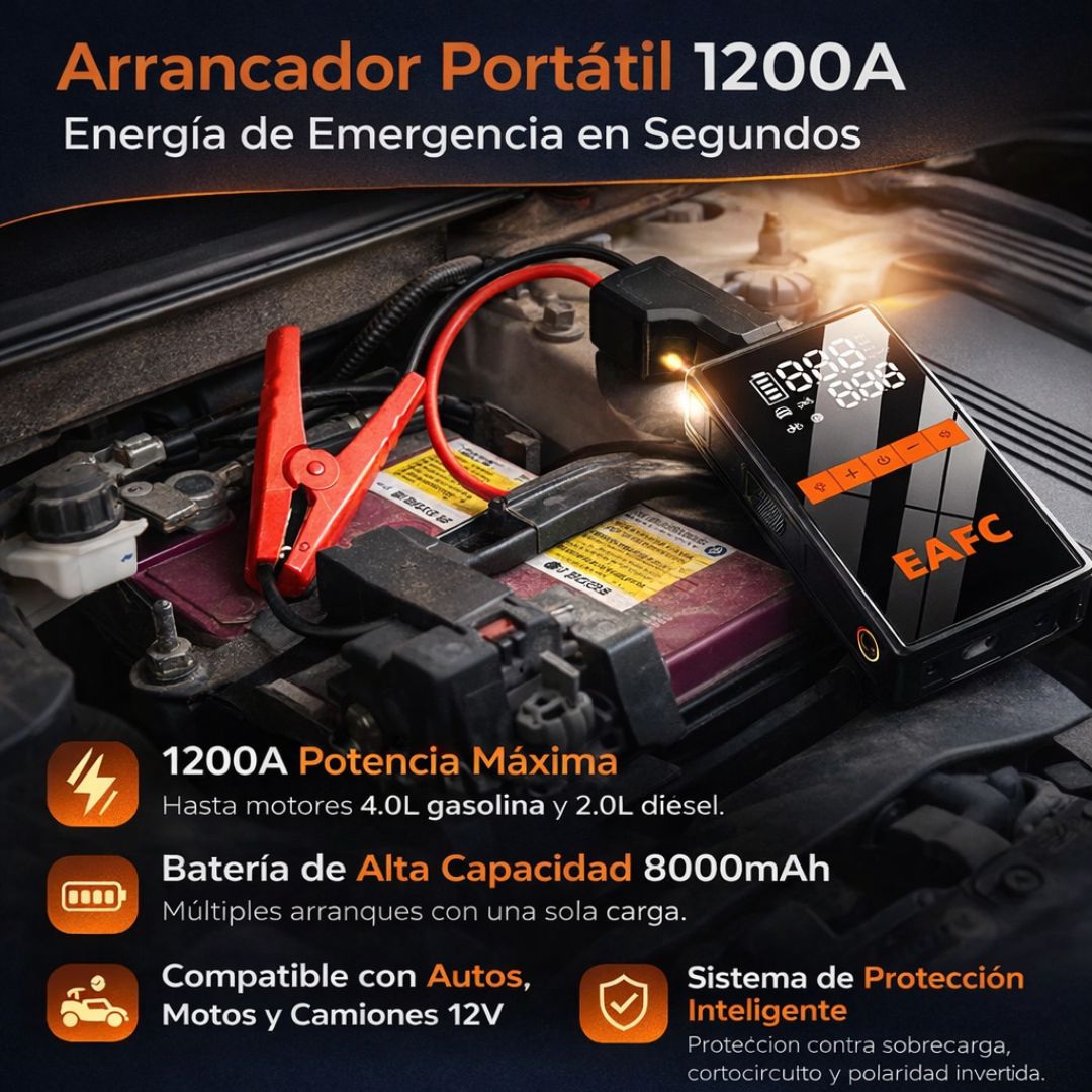 Arrancador de Coche 4 en 1  de 1200A con Inflador 150PSI