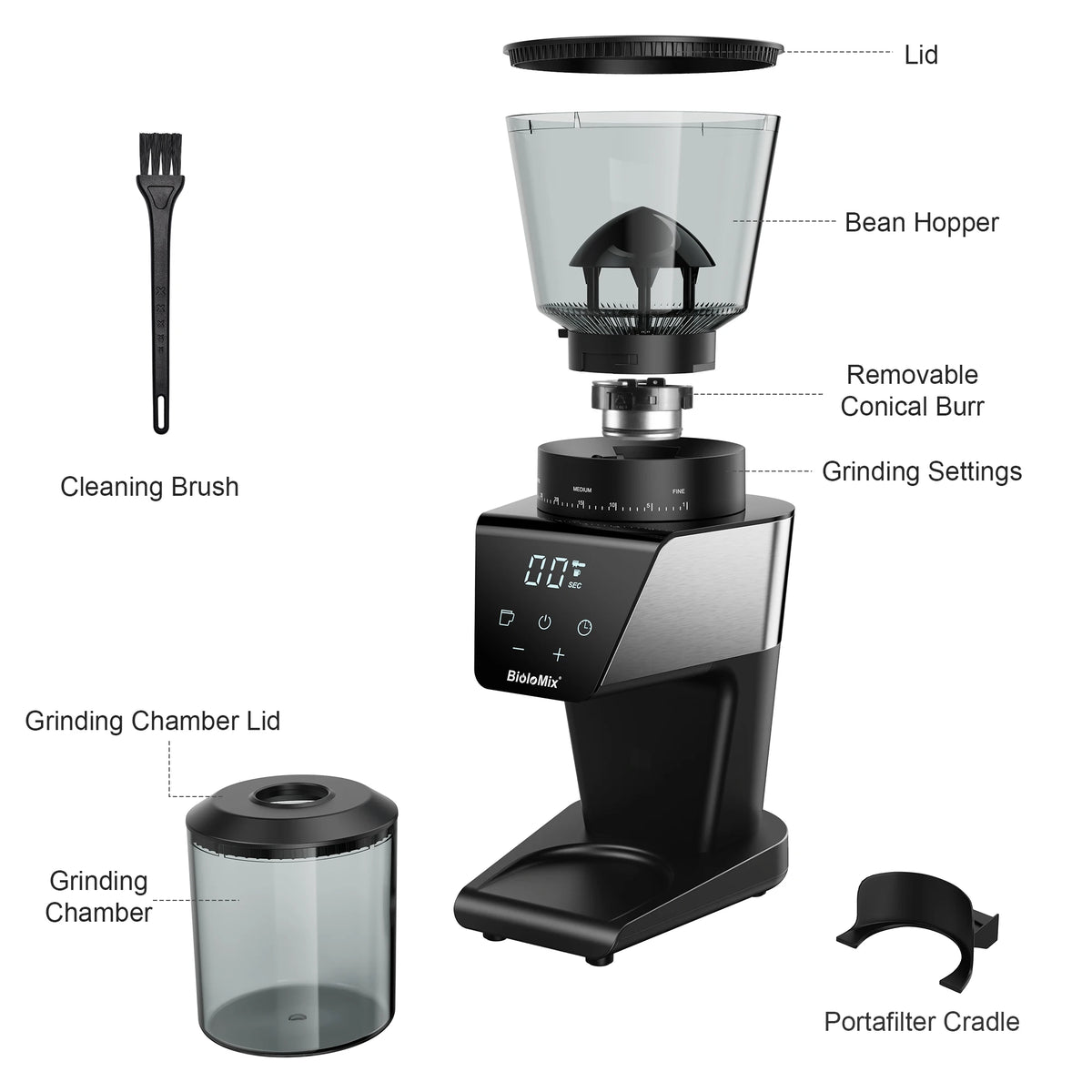 Molinillo de Café Eléctrico Automático con Muelas de Acero, 30 Niveles y Pantalla LCD - imagen 6