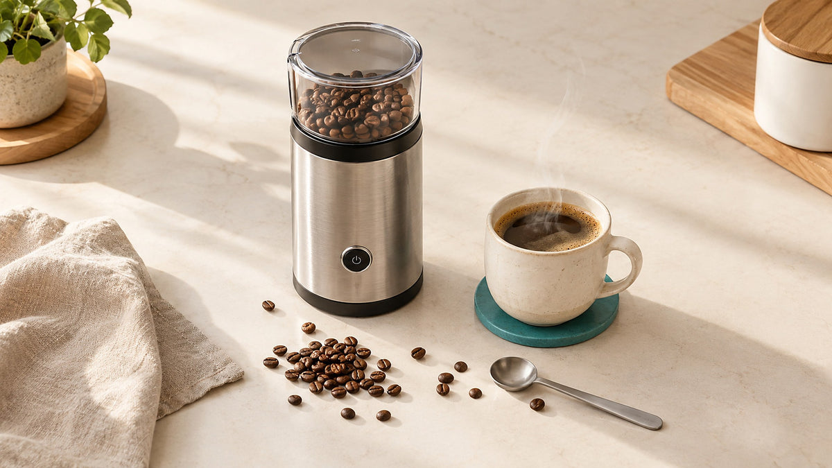 Molinillo de café eléctrico de acero inoxidable junto a una taza de café humeante sobre una encimera clara